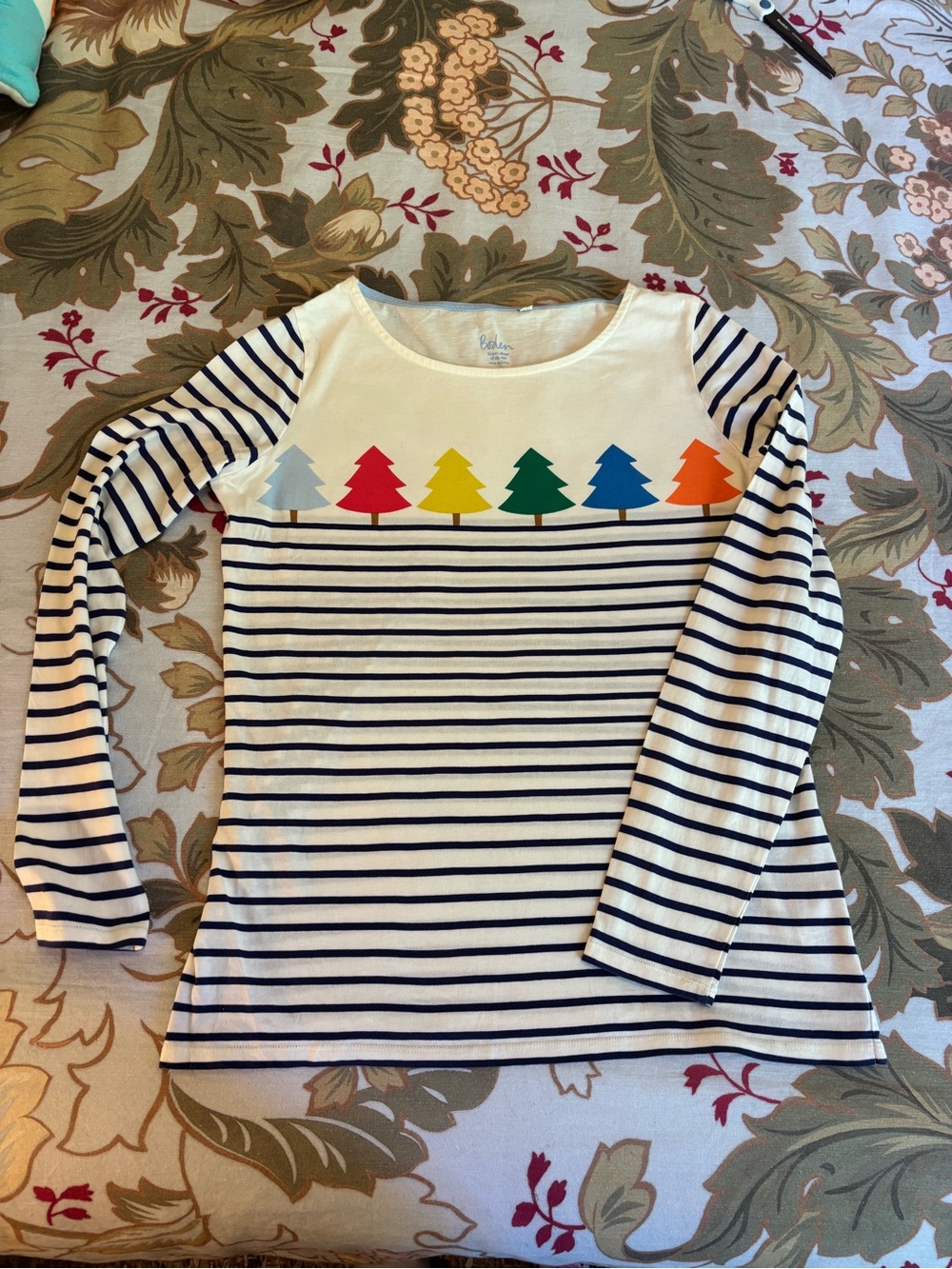 Boden Womes Striped Long-Sleeve Top with Colorful Tree Motif - Off- White/Navy